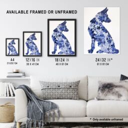 "Artery8 Blue German Shepherd Floral Pattern Watercolour Framed Wall Art - Size: W12"" x H16""" - thumbnail 3