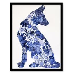 "Artery8 Blue German Shepherd Floral Pattern Watercolour Framed Wall Art - Size: W12"" x H16""" - thumbnail 1