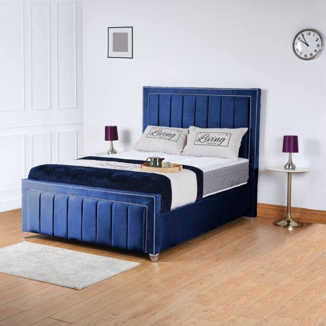 UK Bed Furniture Fiona Gas Lift Storage Upholstered Bed with 48 Inch Headboard in Blue - Size: Double - image 1