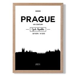 ARTZE Prague Black & White City Skyline Framed Print SIZE: A3 with Oak Frame - Size: A4