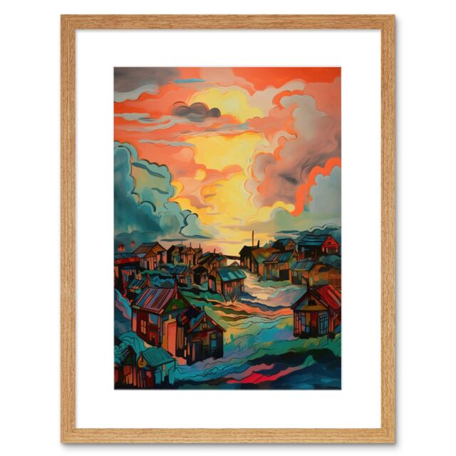 Artery8 Wall Art Print Atmospheric Clouds Over Mono Fishing Village Cabins at Dawn Modern Watercolour Painting Artwork Framed 9X7 Inch - image 1