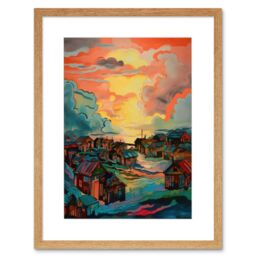 Artery8 Wall Art Print Atmospheric Clouds Over Mono Fishing Village Cabins at Dawn Modern Watercolour Painting Artwork Framed 9X7 Inch - thumbnail 1