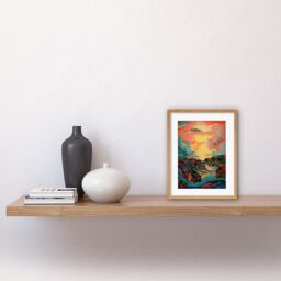 Artery8 Wall Art Print Atmospheric Clouds Over Mono Fishing Village Cabins at Dawn Modern Watercolour Painting Artwork Framed 9X7 Inch - thumbnail 2