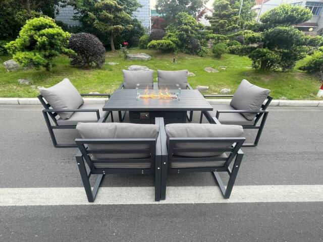 Fimous Aluminum Top 6 Seat Garden Furniture Dining Set Gas Fire Pit Table & Chairs Burner Heater Patio Outdoor Dark Grey - image 1