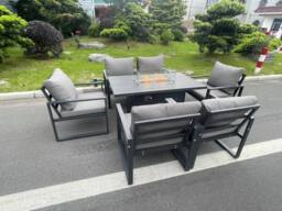 Fimous Aluminum Top 6 Seat Garden Furniture Dining Set Gas Fire Pit Table & Chairs Burner Heater Patio Outdoor Dark Grey - thumbnail 2