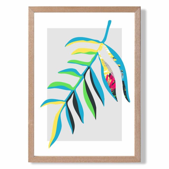 ARTZE Tropical Leaf Blue & Green Abstract Minimalist Framed Print SIZE: A3 with Oak Frame in Mid Blue - Size: A4 - image 1
