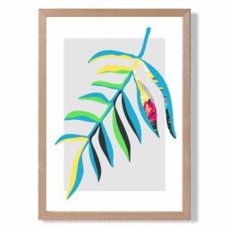 ARTZE Tropical Leaf Blue & Green Abstract Minimalist Framed Print SIZE: A3 with Oak Frame in Mid Blue - Size: A4