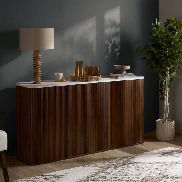 Birlea Kagu 3 Door Sideboard Fluted Ribbed Walnut & Marble effect in Brown - image 1