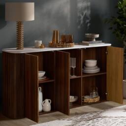 Birlea Kagu 3 Door Sideboard Fluted Ribbed Walnut & Marble effect in Brown - thumbnail 2