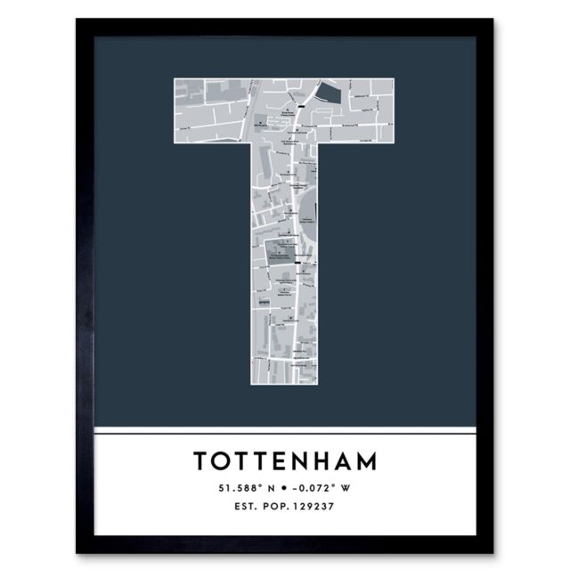 "Wee Blue Coo Wall Art Print Tottenham England United Kingdom City Map Modern Typography Stylish Letter Framed Word in Navy - Size: W12"" x H16""" - image 1