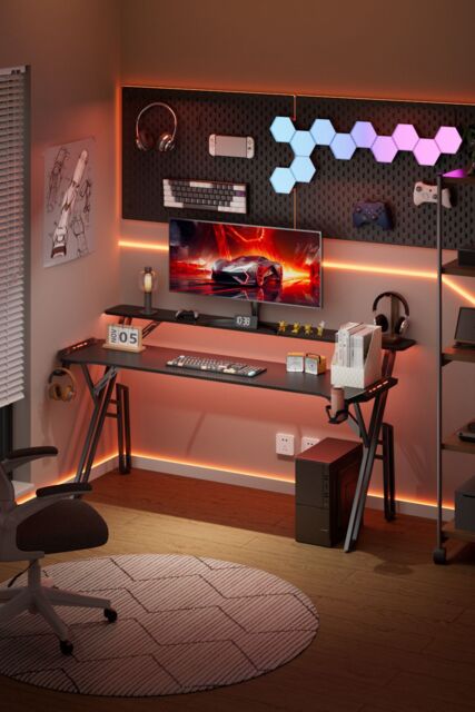 Living and Home 160*60*80cm Office Gaming Desk with LED Lights & Monitor Stand in Black - image 1