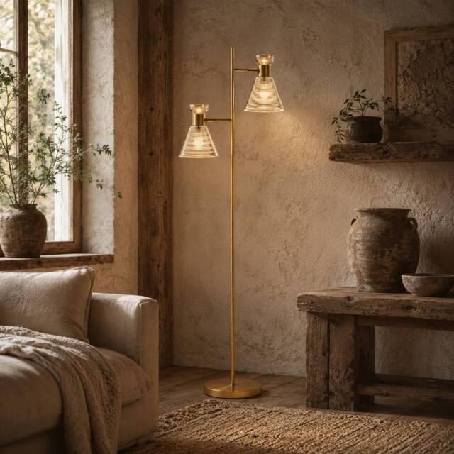 Wyld Haus Luno Gold Tone Dual Head Floor Lamp Ribbed Amber Glass Shades - image 1