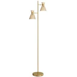 Wyld Haus Luno Gold Tone Dual Head Floor Lamp Ribbed Amber Glass Shades - thumbnail 2