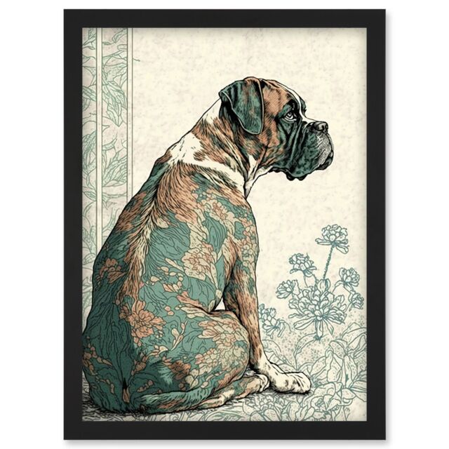 Artery8 Boxer Dog with Floral Pattern Fur Coat Modern Watercolour & Ink Illustration Artwork Framed Wall Art Print A4 in Black - image 1