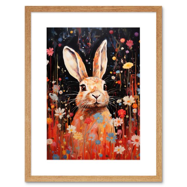 "Artery8 Wall Art Print Spring Bliss Oil Painting Cute Bunny Rabbit in a Daisy Flower Meadow Kids Bedroom Artwork Framed 9X7 Inch - Size: W7"" x H9""" - image 1