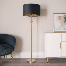 ValueLights Marissa Gold Stacked Ball Floor Lamp with Velvet with Gold Inner Shade & Bulb in Black - thumbnail 3