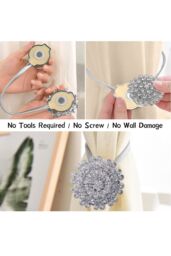 Living and Home 2-Pack Silver Crystal Flower Magnetic Curtain Tie backs with Elastic Spring - thumbnail 4
