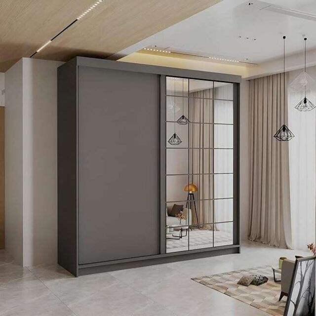 Sliding Wardrobes 4U Modern Sliding Wardrobe with LED Light W 200 x H 217 x D 62 in Grey - image 1