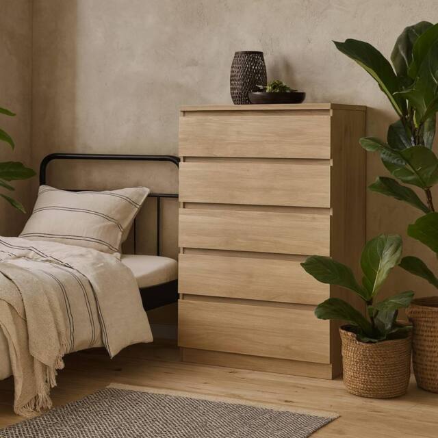 Wyld Haus Budapest Tall Chest of Drawers Natural Oak Effect 5 Drawers - image 1