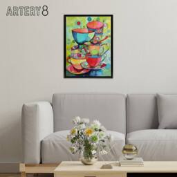 "Artery8 Abstract Tea Cups Folk Art Kitchen Framed Canvas Wall Art Print - Size: W12"" x H16""" - thumbnail 3