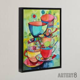 "Artery8 Abstract Tea Cups Folk Art Kitchen Framed Canvas Wall Art Print - Size: W12"" x H16""" - thumbnail 2