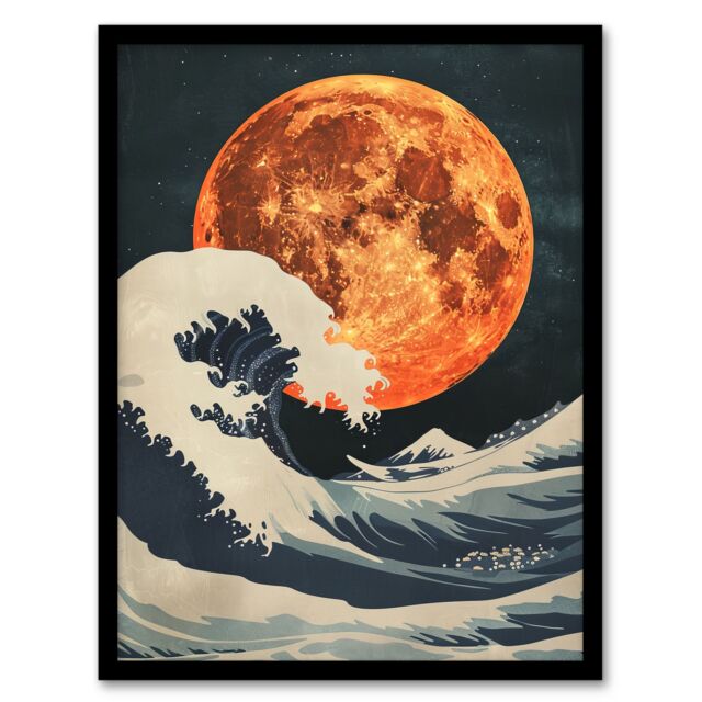 "Artery8 Orange Moon Over Japanese Ocean Waves Artwork Framed Art Print - Size: W12"" x H16""" - image 1