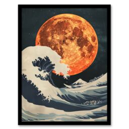 "Artery8 Orange Moon Over Japanese Ocean Waves Artwork Framed Art Print - Size: W12"" x H16""" - thumbnail 1