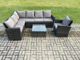 Fimous 7 Seater Outdoor Furniture Garden Dining Set Rattan Corner Sofa Set with Square Coffee Table Armchair Dark Grey Mixed - thumbnail 2