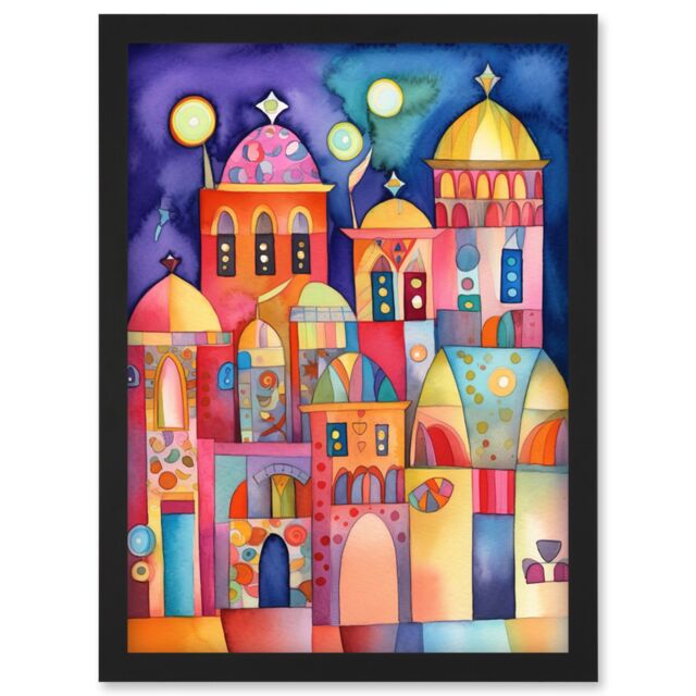 Artery8 Brightly Decorated Buildings At Night Folk Art Watercolour Painting Artwork Framed Wall Art Print A4 in Black - image 1