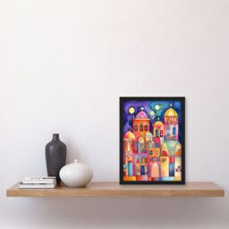 Artery8 Brightly Decorated Buildings At Night Folk Art Watercolour Painting Artwork Framed Wall Art Print A4 in Black - thumbnail 2