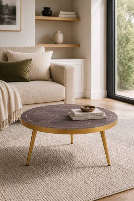 IH Design Silchester Round Coffee Table Dark Mango Walnut Gold Inlay in Brown - image 1