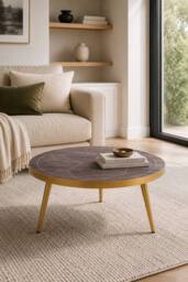 IH Design Silchester Round Coffee Table Dark Mango Walnut Gold Inlay in Brown