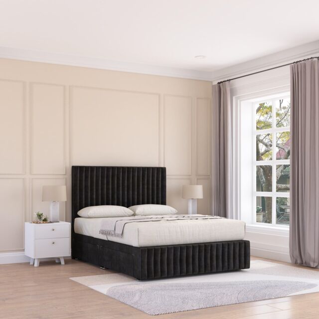 Sloomy Madison Plush Velvet Memory Foam Bed Set With 4 Drawers, Mattress & Headboard in Black - Size: Small Double - image 1