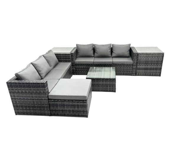 Fimous 7 Seater Patio Lounge Sofa Set with 2 Side Table Big Footstool in Dark Grey - image 1