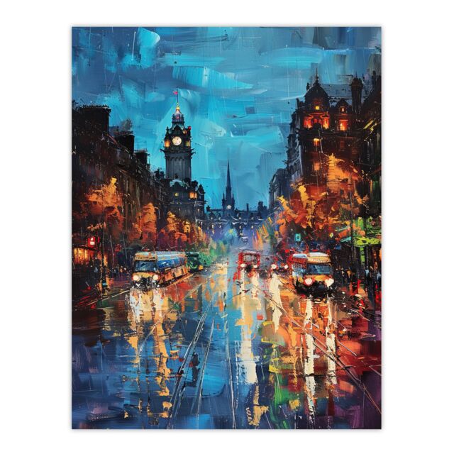 "Artery8 Edinburgh Princes Street Cityscape Painting Wall Art Print in Blue - Size: W18"" x H24""" - image 1