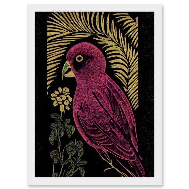 Artery8 Pink Parrot Bird Black Gold Tropical Plants Modern Vintage Linocut Illustration Artwork Framed Wall Art Print A4 in White - image 1