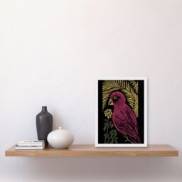Artery8 Pink Parrot Bird Black Gold Tropical Plants Modern Vintage Linocut Illustration Artwork Framed Wall Art Print A4 in White - thumbnail 2