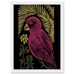 Artery8 Pink Parrot Bird Black Gold Tropical Plants Modern Vintage Linocut Illustration Artwork Framed Wall Art Print A4 in White - thumbnail 1