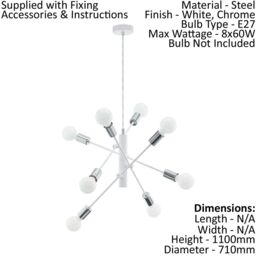 Loops Pendant Ceiling Light Colour White Chrome Criss Cross Design Bulb E27 8x60W - thumbnail 2