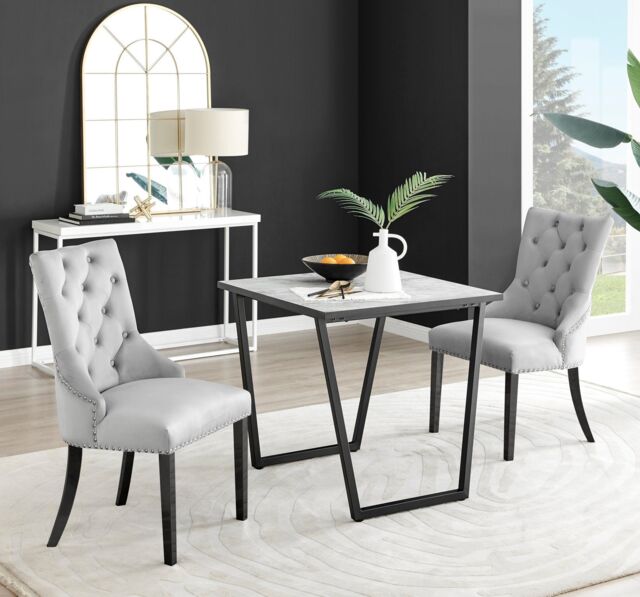 FurnitureboxUK Carson White Marble Effect Square Dining Table & 2 Velvet Belgravia Black Leg Chairs in Grey - image 1