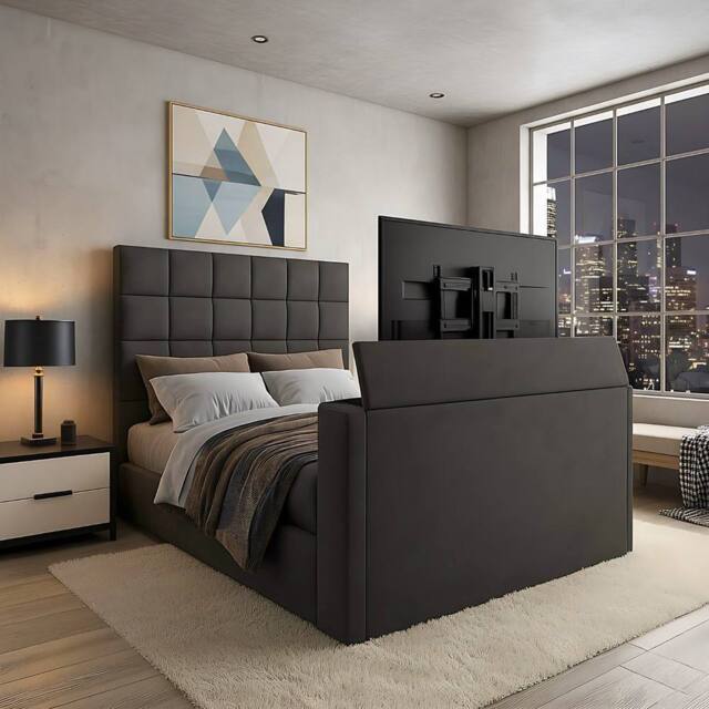 PARADISE BEDS LTD Royal Upholstered Dream Sleep Tv Bed With Ottoman Lift Storage in Dark Grey - Size: Super King - image 1