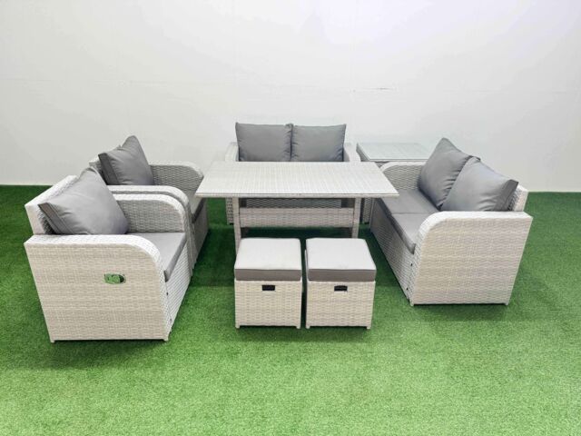 Fimous 8 Seater Outdoor Reclining Chair Love Sofa Set Rattan Garden Furniture Set with Rectangular Dining Table 2 Stools Side Table Light Grey - image 1