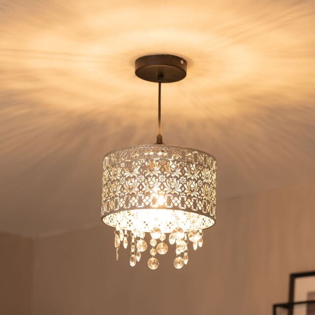ValueLights Enna Silver Easy Fit Moroccan Pendant Shade With Acrylic Jewel Droplets - image 1