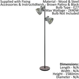 Loops Standing Floor Lamp Light Black & Raw Steel Wood Base 2 x 40W E27 Bulb - thumbnail 2