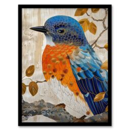 Artery8 Wall Art Print Stylised Chinese Blue Flycatcher Gold Leaf Branch Art Framed Poster in Black - Size: A4 - thumbnail 1