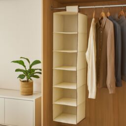 Orsina 6-Section Hanging Garment Organiser In Cream, Space-Saving Fabric Wardrobe Storage With Hook & Loop in Cream - thumbnail 2