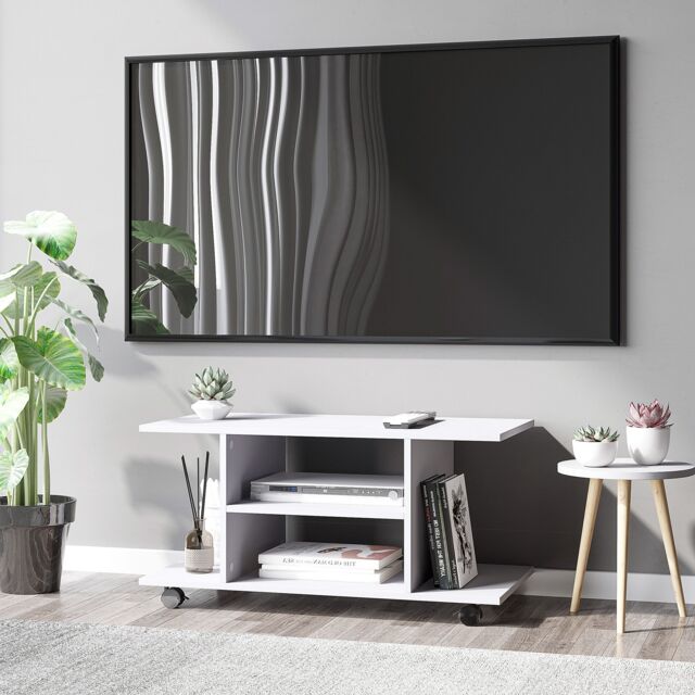 HOMCOM Modern TV Cabinet Stand 3 Tier shelf Storage Shelves Table Wheels in White - image 1