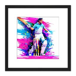 Artery8 Sports Cricket Colourful Pink Blue Batsman Watercolour Oil Painting Square Wooden Framed Wall Art Print Picture 8X8 Inch in Black - thumbnail 1