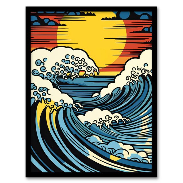 Artery8 The Great Wave Modern Seascape Artwork Comic Book Pop Art Sunset Artwork Framed Wall Art Print A4 in Black - image 1