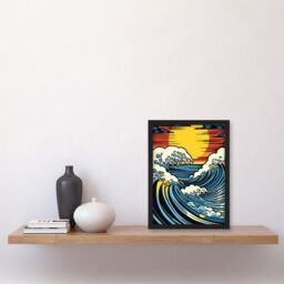 Artery8 The Great Wave Modern Seascape Artwork Comic Book Pop Art Sunset Artwork Framed Wall Art Print A4 in Black - thumbnail 4